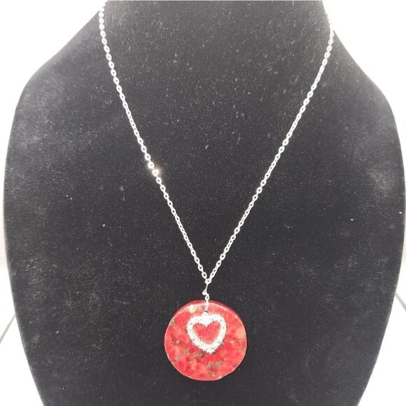 Repurposed Handcrafted Silver link chain with red stone and pink rhineston heart - Picture 5 of 9